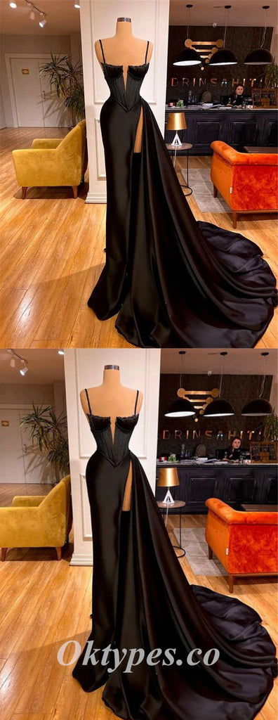 Sexy Black Satin Spaghetti Straps V-Neck Sleeveless Side Slit Mermaid Long Prom Dresses ,PDS0625