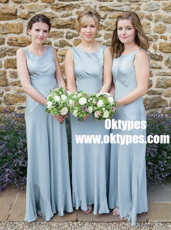 A-Line Round Neck Sleeveless Light Blue Satin Bridesmaid Dress, TYP0955