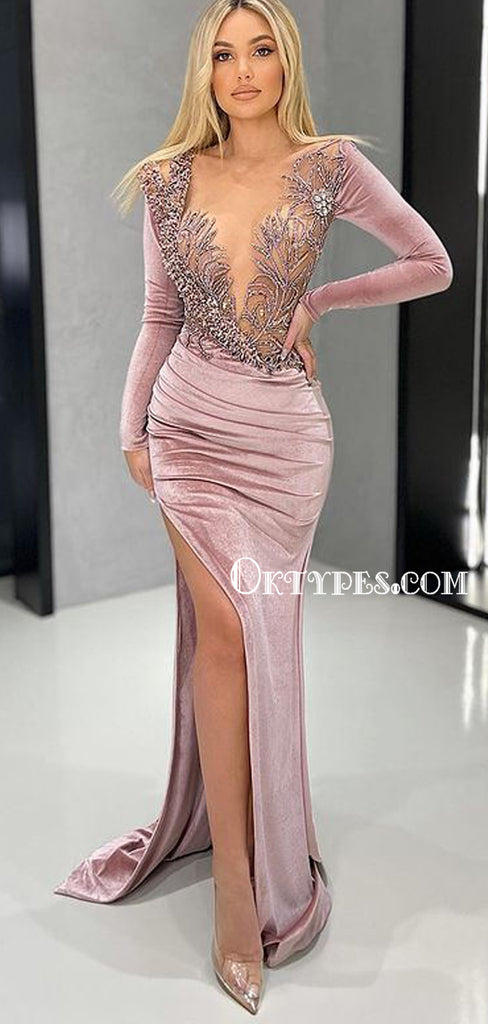 Charming V-neck Mermaid Side Slit Long Sleeve Prom Dresses, PDS0228