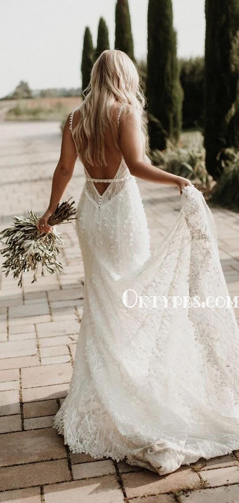 Newest V-neck Mermaid Lace Open Back Long Wedding Dresses, WDS0103