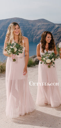 Charming V-neck A-line Tulle Cheap Long Bridesmaid Dresses, BDS0140