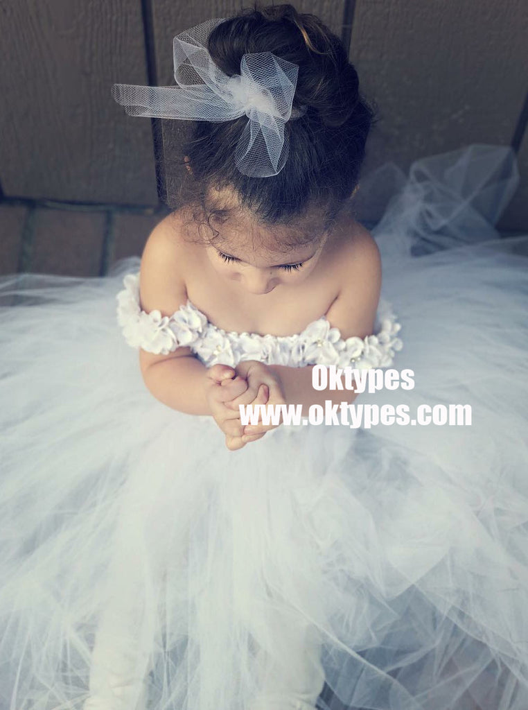 A-Line Off-the-Shoulder White Tulle Flower Girl Dress with Flowers, TYP0930