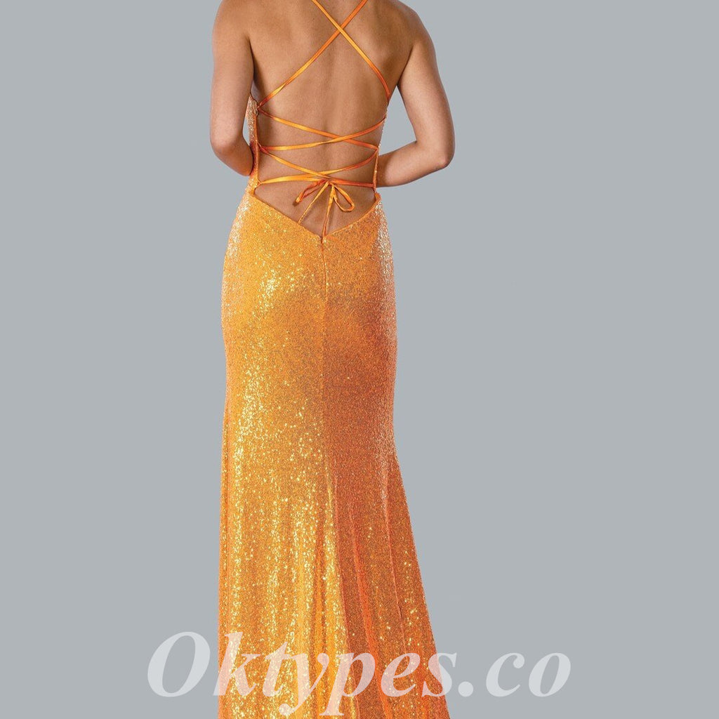 Sexy Sequin Spaghetti Straps V-Neck Criss Cross Lace Up Side Slit Mermaid Long Prom Dresses,PDS0762