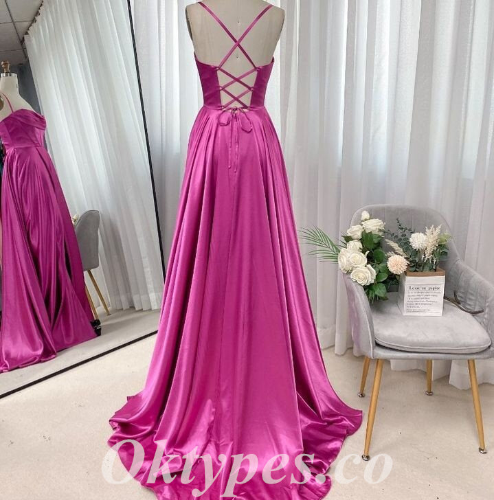 Sexy Satin Spaghetti Straps Criss Cross Lace Up A-line Long Prom Dresses,PDS0767