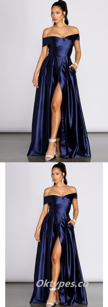 Elegant Satin Off Shoulder A-Line Split Long Prom Dresses With Pockets,PDS0452