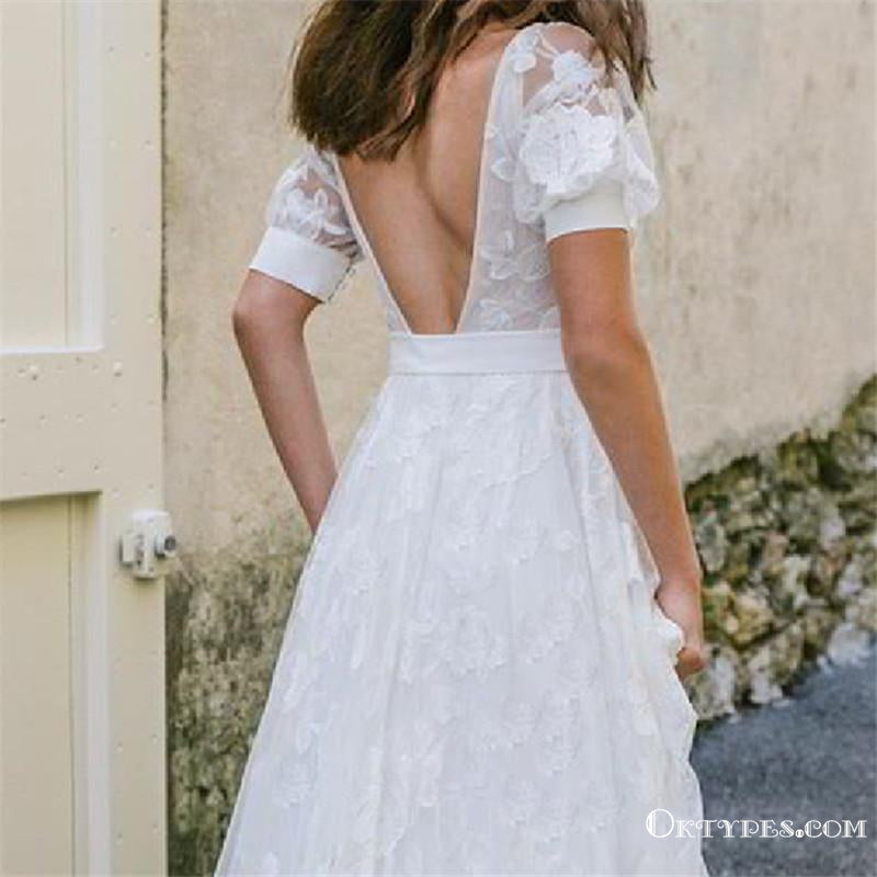 New Arrival Charming Elegant V-neck Short Sleeve Sexy V-back Lace A-line Long Cheap Wedding Dresses, WDS0002