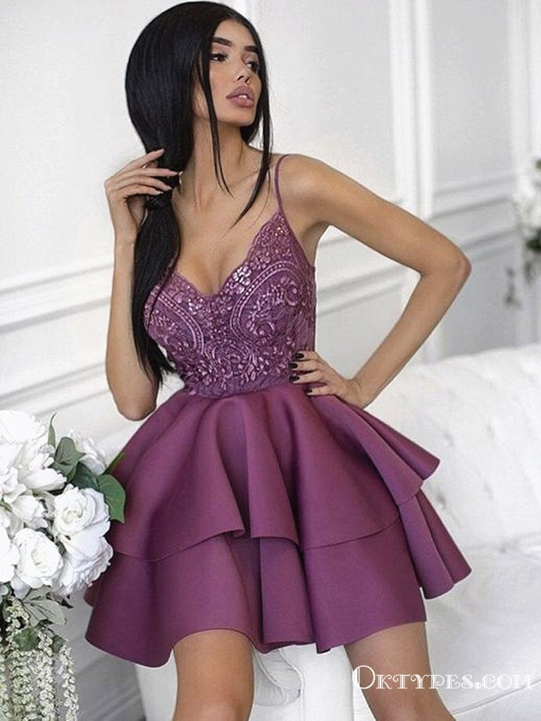 Modest A-Line V Neck Spaghetti Straps Satin Short Homecoming Dresses with Appliques, TYP1994
