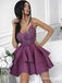 Modest A-Line V Neck Spaghetti Straps Satin Short Homecoming Dresses with Appliques, TYP1994