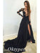 Elegant Black Lace And Tulle Long Sleeve A-Line Long Prom Dresses,PDS0798