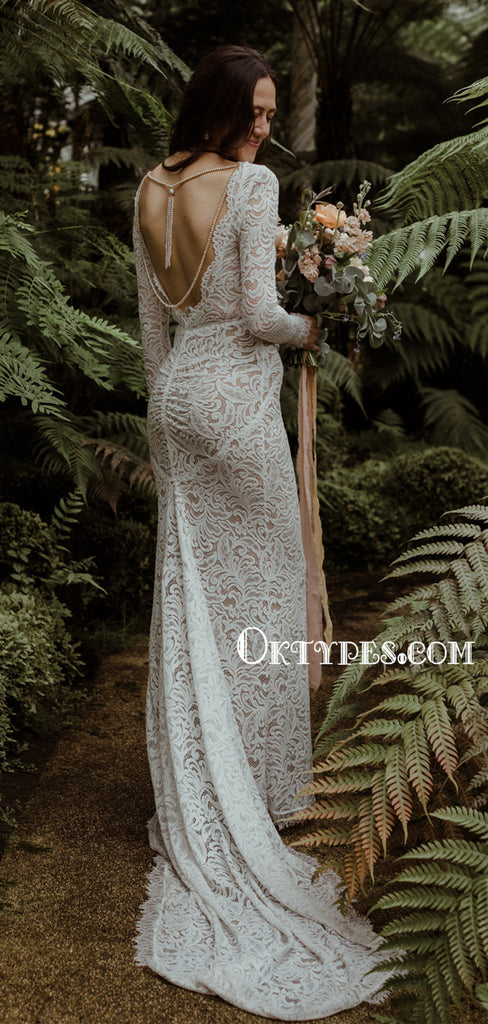 Elegant Open Back Lace Mermaid Long Sleeve Wedding Dresses. TYP1943