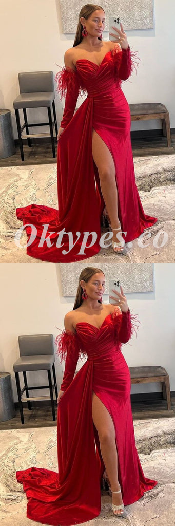 Sexy Satin Off Shoulder Long Sleeveless Side Slit Mermaid Long Prom Dresses With Trailing,PDS0700