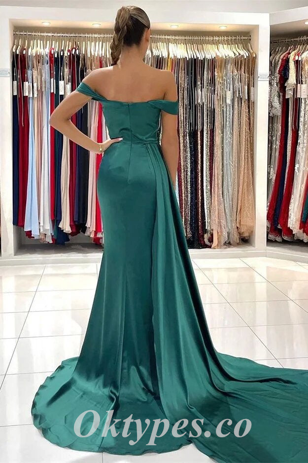Sexy Satin Off Shoulder Sleeveless Side Slit Mermaid Long Prom Dresses With Trailing,PDS0736