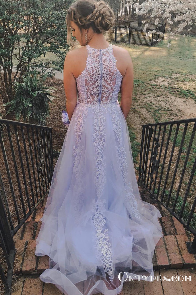 Jewel Neck Appliques Lavender Long Cheap Prom Dresses, TYP1892