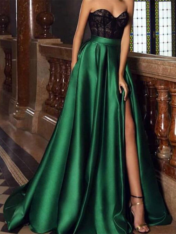 Black Lace Green Satin Strapless Side Slit A-line Prom Dresses,PDS0309