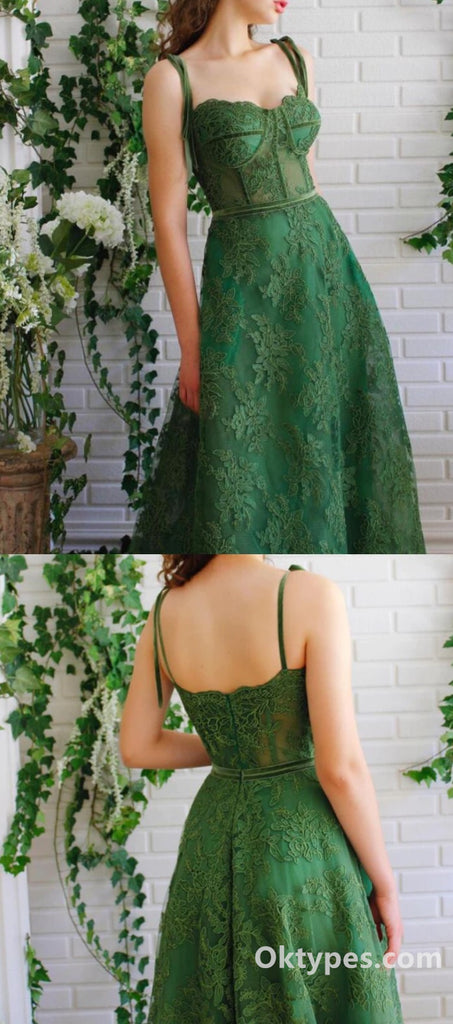 Elegant And Cute Green Lace Spaghetti Straps Square Neck A-Line Long Prom Dress,PDS0321