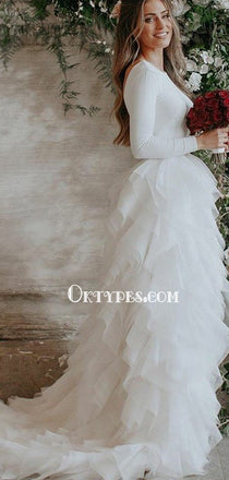 Round Neck V-back Long Sleeve Jersey Tulle Wedding Dress, Bridal Gown, TYP0936