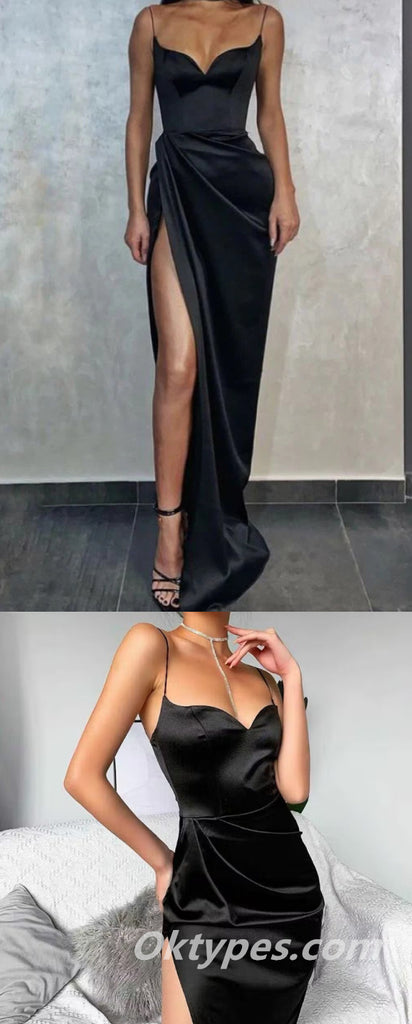 Sexy Black Satin Spaghetti Straps V-Neck Side Slit Mermaid Long Prom Dresses,PDS0413