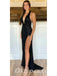 Sexy Black Sequin Halter Deep V-Neck Sleeveless Side Slit Mermaid Long Prom Dresses,PDS0659