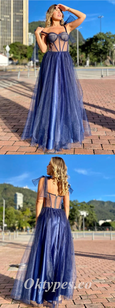 Elegant Tulle Spaghetti Straps Sleeveless A-Line Long Prom Dresses ,PDS0694