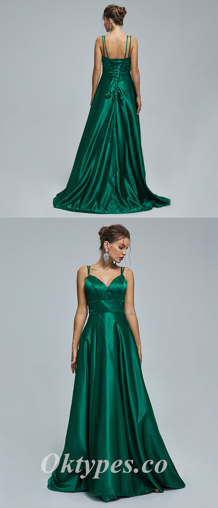 Elegant Satin Spaghetti Straps V-NeckLace Up Back A-Line Long Prom Dresses,PDS0463