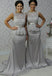Elegant Scalloped-Edge Sweep Train Sheath Silver Bridesmaid Dress Lace Top with Bow Sash, TYP0934