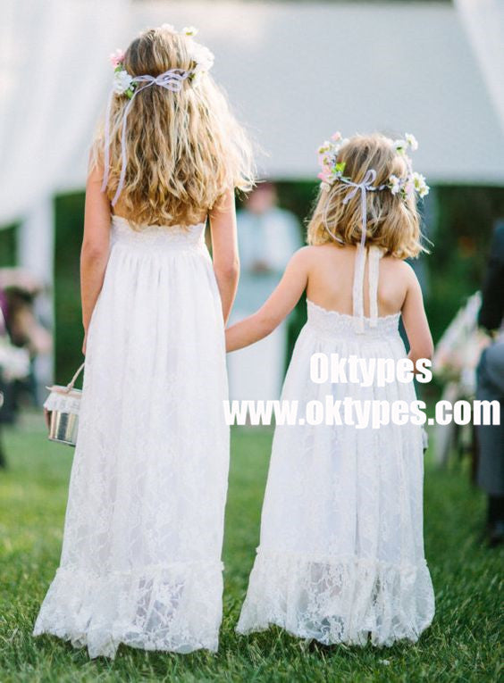 A-Line Halter Sleeveless Long White Lace Flower Girl Dresses, TYP0870