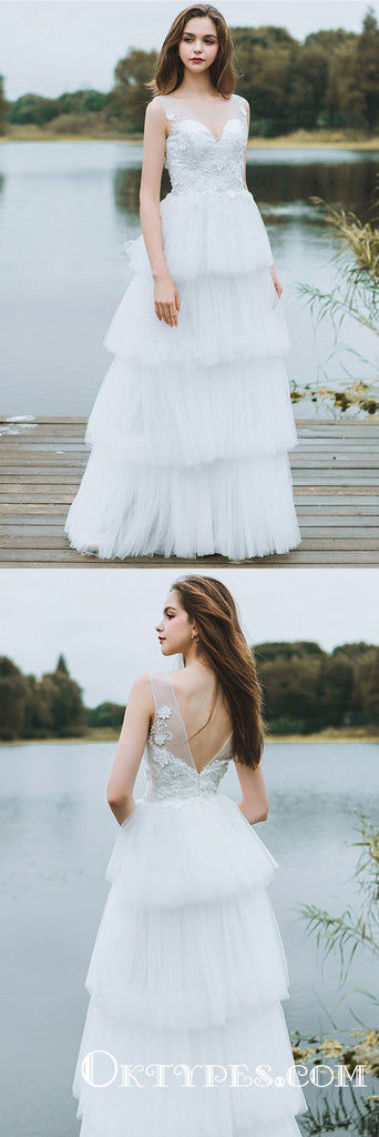 Charming White V-neck Long Cheap Tulle Prom Dresses With Applique, TYP1641