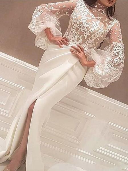 Unique Mermaid Round Neck Long Sleeves Split Ivory Lace Long Prom Dresses, TYP1728