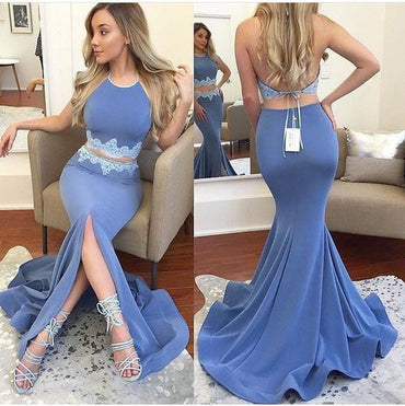 Two Piece Long Mermaid Prom Dresses, Front Split Prom Dresses, Open-back Prom Dresses, Jewel Lace Prom Dresses, TYP0198