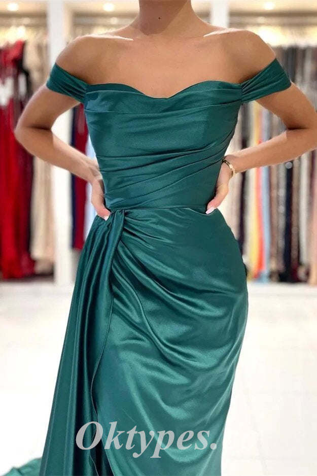 Sexy Satin Off Shoulder Sleeveless Side Slit Mermaid Long Prom Dresses With Trailing,PDS0736