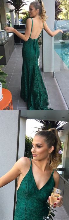 Green Lace Backless Long Cheap Mermaid Popular Prom Dresses, TYP1787