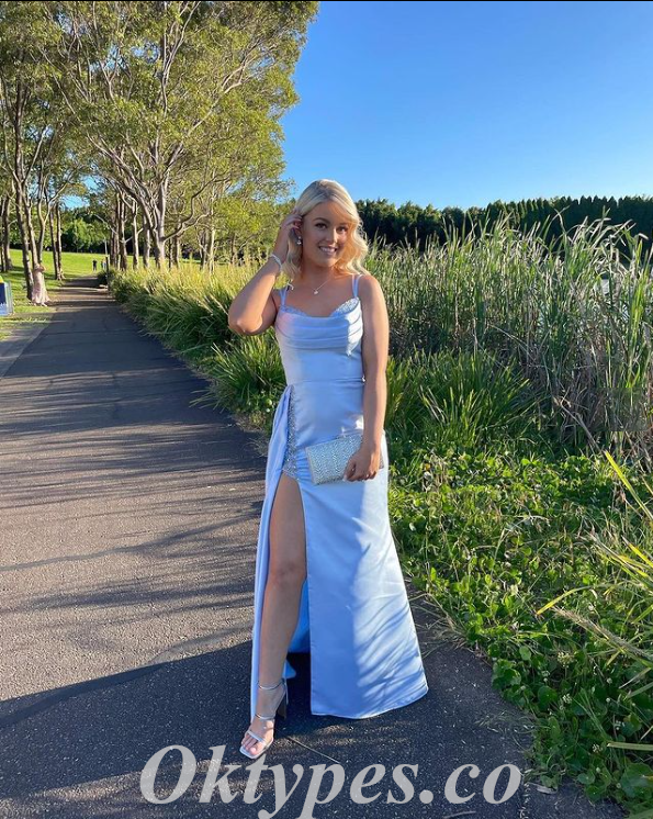Sexy Blue Satin Spaghetti Straps Sleeveless Side Slit Mermaid Long Prom Dresses,PDS0647