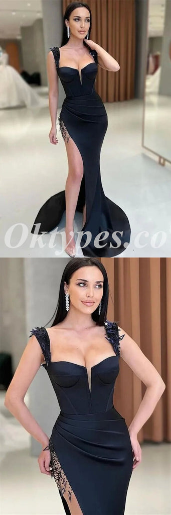Sexy Black Satin Spaghetti Straps Sleeveless Side Slit Mermaid Long Prom Dresses With Applique,PDS0728