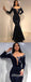 Sexy Black Sequin Off Shoulder Long Sleeves V-Neck Mermaid Long Prom Dresses ,PDS0372