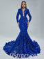 Elegant Royal Blue Special Fabric Long Sleeve V-Neck Mermaid Long Prom Dresses,PDS0460