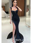 Sexy Black Satin Spaghetti Straps Sleeveless Side Slit Mermaid Long Prom Dresses With Applique,PDS0728