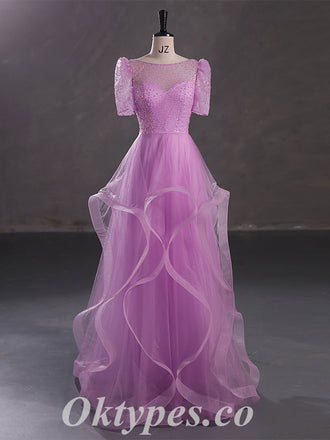 Elegant Sequin Top Tulle Bottom Beading Lace Up Back A-Line Long Prom Dresses,PDS0466