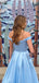 New Off-shoulder A-line Light Blue Satin Long Cheap Evening Dresses, Prom Dresses, PDS0053