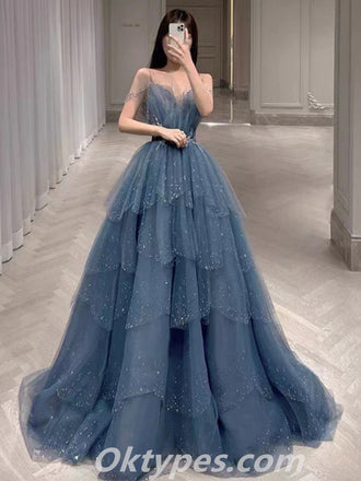 Elegant Tulle Spaghetti Straps Beaded A-Line Long Prom Dresses,Bridal Gowns,PDS0404