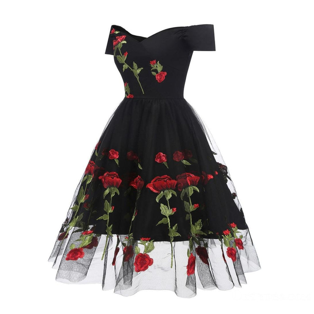 Charming Off the Shoulder Tulle Black Homecoming Dresses with Flowers, TYP2018