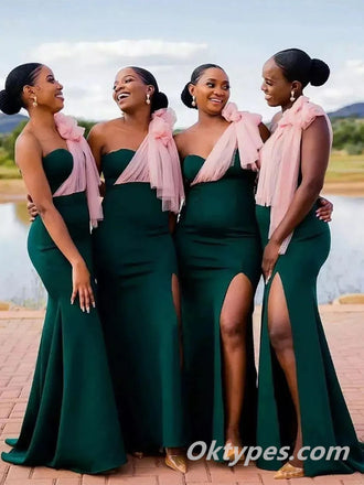 Sexy Soft Satin And Tulle One Shoulder Side Slit Mermaid Floor Length Bridesmaid Dressses, BDS0212