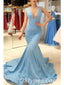 Blue Sequin Spaghetti Straps V Neck Mermaid Long Prom Dresses,PDS0401