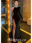 Sexy Black Velvet One Shoulder Long Sleeve Side Slit Mermaid Long Prom Dresses,PDS0729