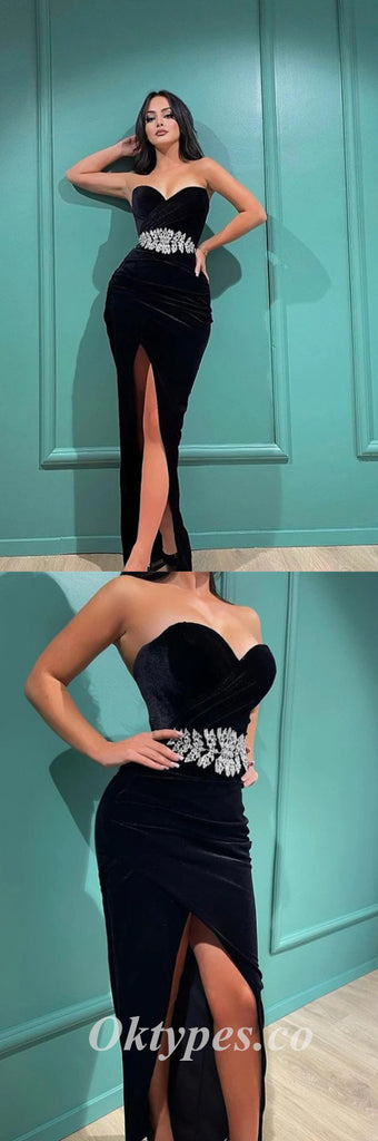 Sexy Black Velvet Sweetheart V-Neck Sleeveless Side Slit Mermaid Long Prom Dresses,PDS0579