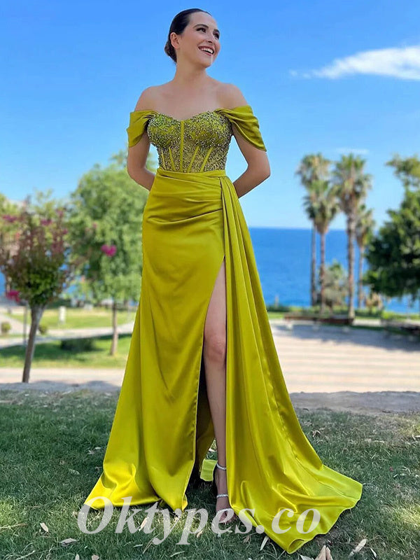 Sexy Satin Off Shoulder Sleeveless Side Slit Mermaid Long Prom Dresses With Trailing,PDS0737