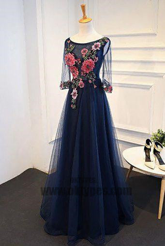 Long Floor Length Tulle Prom Dresses, Appliques Prom Dresses, Half Sleeve Prom Dresses, Lace Up Prom Dresses, TYP0314