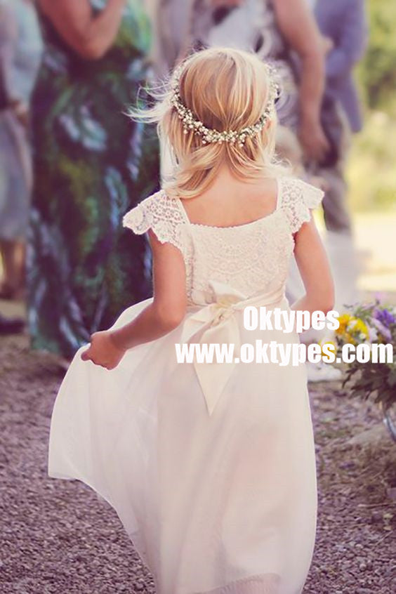 A-Line Square Cap Sleeves White Tulle Flower Girl Dress with Sash Lace, TYP0868