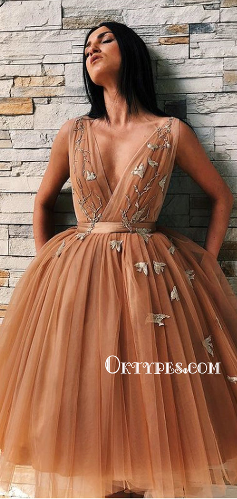 Simple V-neck Tulle A-line Homecoming Dresses, HDS0050