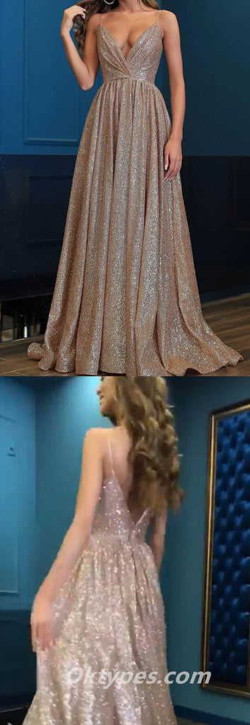 Sexy Sequin Spaghetti Straps Deep V Neck A-Line Long Prom Dresses,PDS0402
