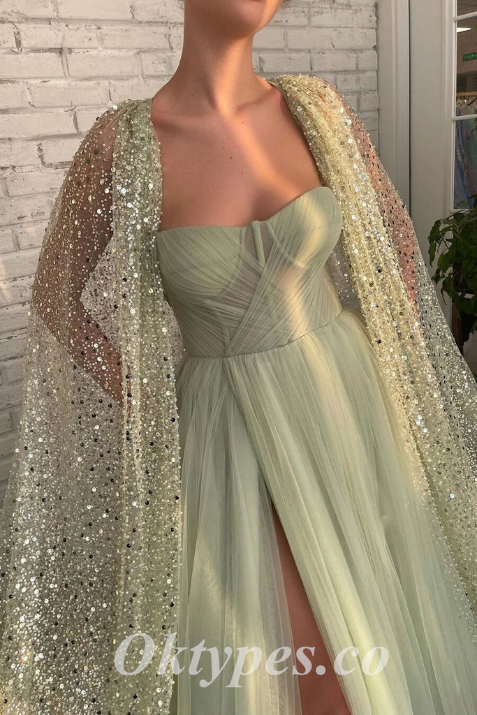 Elegant Tulle Sweetheart Sleeveless Side Slit A-Line Long Prom Dresses,PDS0738